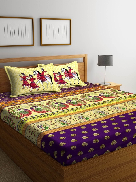 

BOMBAY DYEING Purple & Yellow Ethnic Motifs 180 TC Cotton 1 King Bedsheet with 2 Pillow Covers