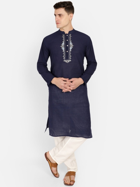 

PAROKSH Men Navy Blue Solid Straight Kurta