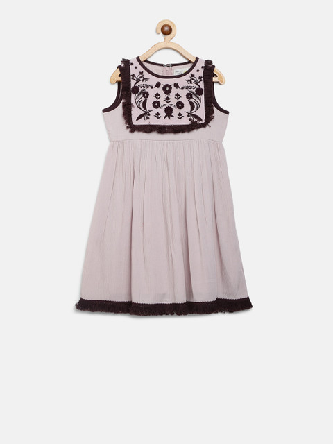 

Cherry Crumble Girls Mauve & Brown Embroidered Fit and Flare Dress
