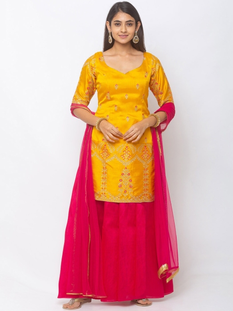 

6Y COLLECTIVE Women Mustard Yellow & Pink Embroidered Kurta with Sharara & Dupatta