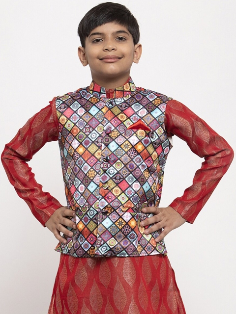 

NEUDIS Boys Multicoloured Printed Satin Nehru Jacket, Multi