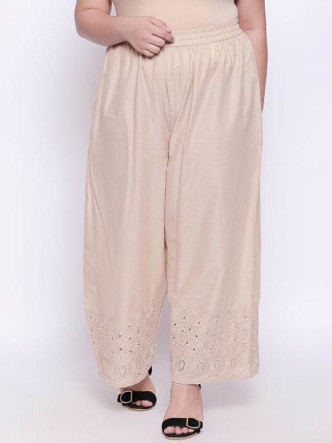 

RANGMANCH PLUS by Pantaloons Women Beige Hem Design Wide Leg Palazzos