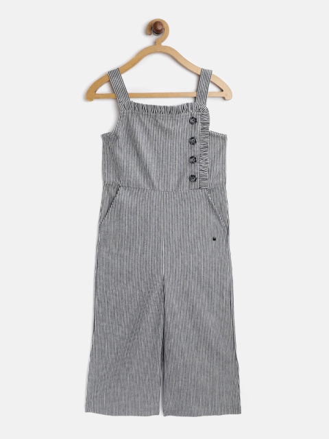 

Cherry Crumble Girls White & Navy Blue Striped Basic Jumpsuit