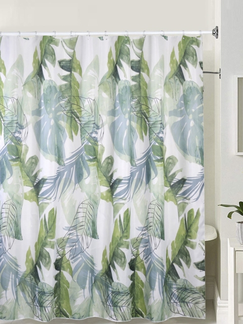 

OBSESSIONS White & Green Tropic Leaves Printed Glam Shower Curtain