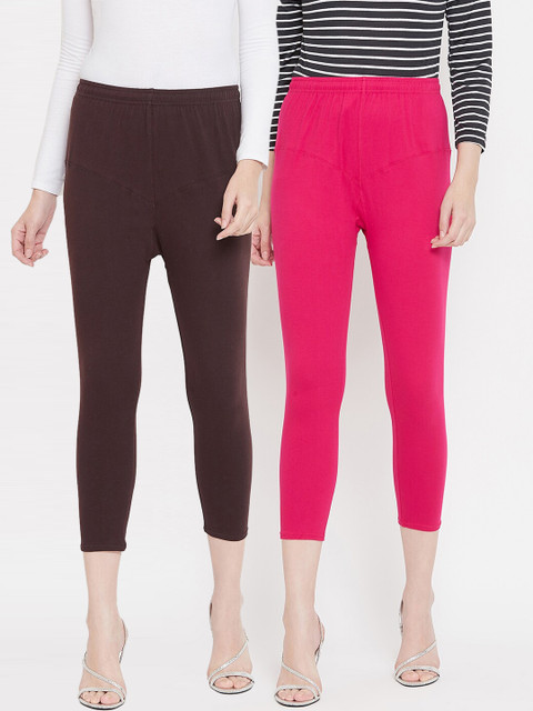 

Tulsattva Women Pack Of 2 Solid Three-Fourth Length Leggings, Coffee brown