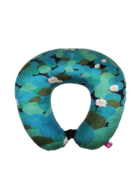 

India Circus by Krsnaa Mehta Blue & Green Printed Lotus Leaf Reservoir Neck Pillow