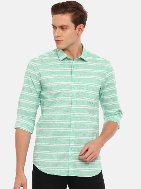 

Classic Polo Men Green & White Slim Fit Striped Casual Shirt