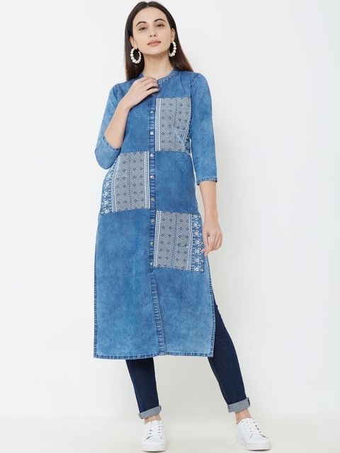

FASHOR Women Blue Woven Design Straight Denim Kurta