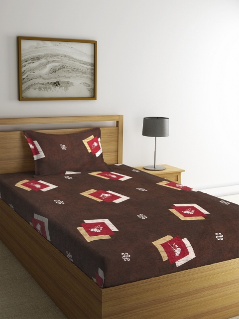 

KLOTTHE Brown & Magenta Floral 210 TC Cotton 1 Single Bedsheet with 1 Pillow Cover