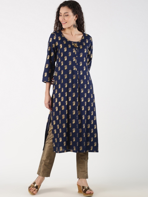 

Saffron Threads Women Navy Blue & Gold-Toned Printed Kurta with Trousers