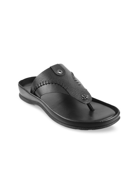 

Metro Men Black Solid Leather Comfort Sandals