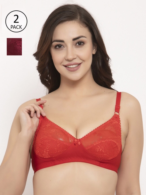 

GRACIT Pack of 2 Self Design Non-Wired Non Padded Balconette Bra PW3-03-14-28B, Red