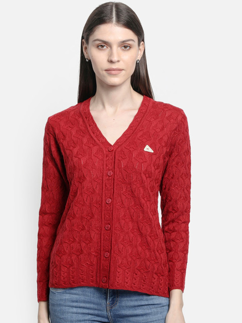 

Monte Carlo Women Red Self Design Cardigan Sweater