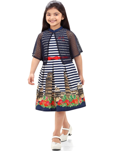 

Tiny Baby Girls Navy Blue & White Printed Fit and Flare Dress