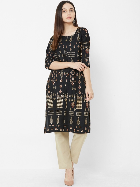 

Vedic Women Black & Gold-Coloured Printed Straight Kurta