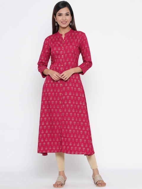 

Silai Bunai Women Pink & Gold Floral Print A-Line Kurta