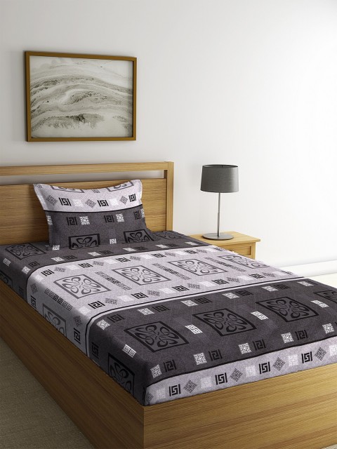 

KLOTTHE Grey & Black Geometric 210 TC Cotton 1 Single Bedsheet with 1 Pillow Cover