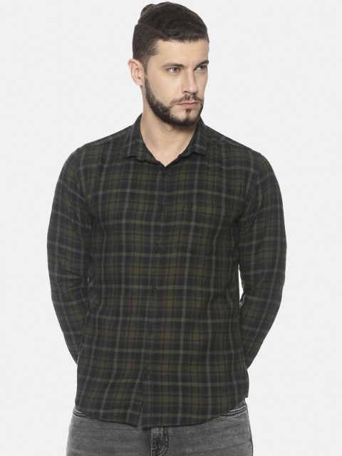 

SHOWOFF Men Olive Green & Coffee Brown Slim Fit Checked Casual Shirt