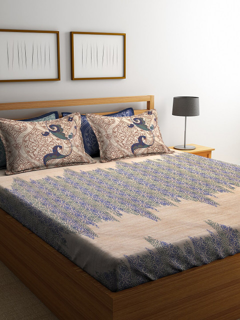 

BOMBAY DYEING Brown & Blue Ethnic Motifs 300 TC Cotton 1 King Bedsheet with 4 Pillow Covers