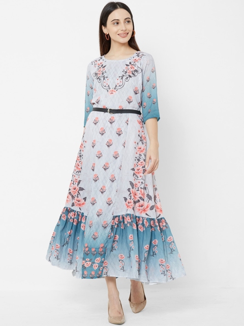 

Vedic Women Grey & Blue Printed A-Line Dress