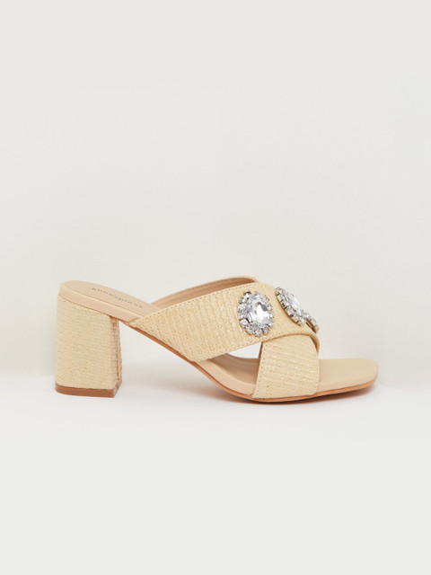 

shoexpress Women Beige & Silver-Toned Embellished Block Heels