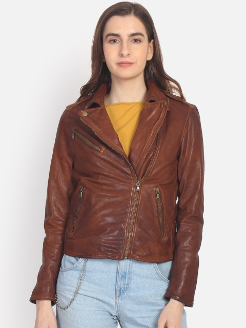 

echt Women Brown Solid Leather Jacket