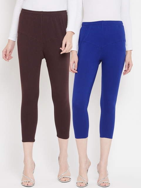 

Tulsattva Women Pack Of 2 Solid Three-Fourth Length Leggings, Coffee brown