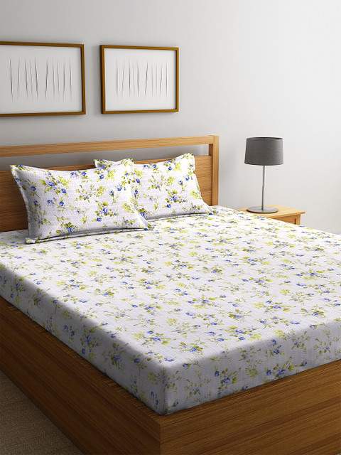 

BOMBAY DYEING Off-White & Green Floral 160 TC Cotton 1 King Bedsheet with 2 Pillow Covers