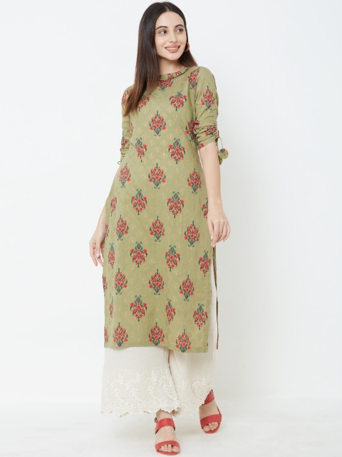 

FASHOR Women Green & Pink Printed Straight Kurta