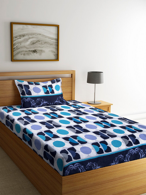 

KLOTTHE Blue & White Geometric 210 TC Cotton 1 Single Bedsheet with 1 Pillow Cover