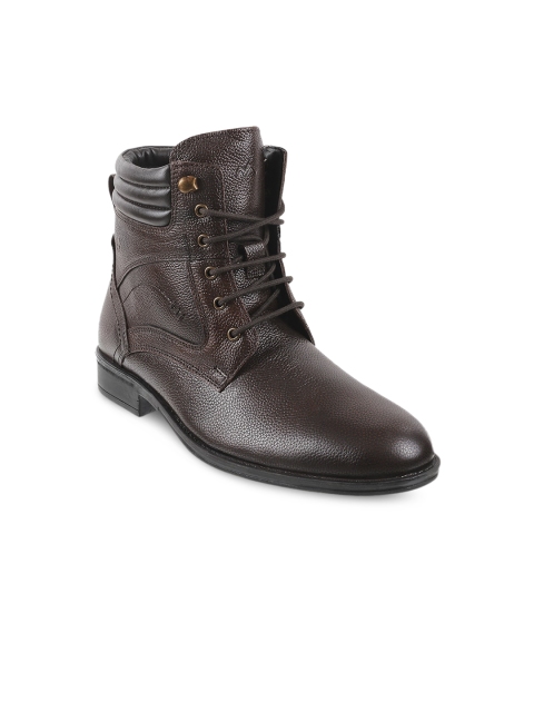 

Metro Men Brown Solid Leather Mid-Top Flat Boots