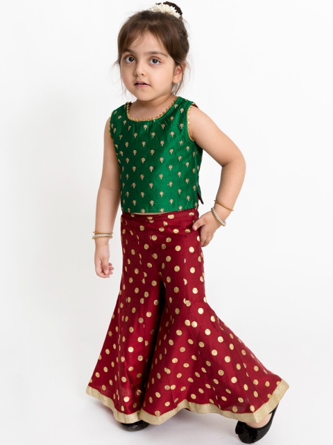 

Lil Peacock Girls Green & Red Embellished Top with Palazzos