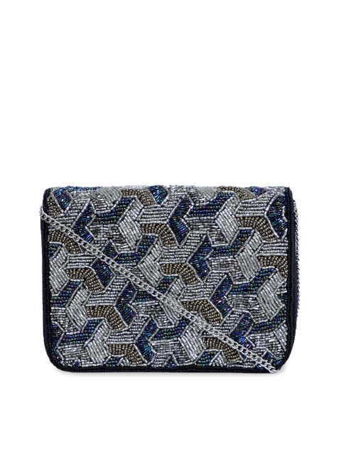 

Diwaah Blue & Grey Embroidered Embellished Box Clutch