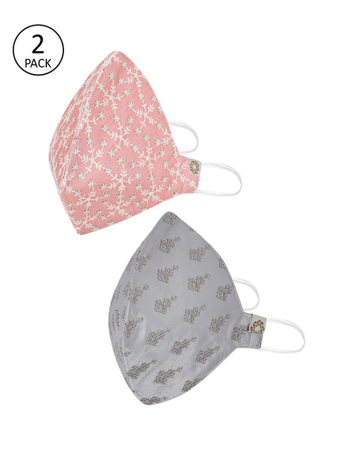 

VASTRAMAY Unisex 2 Pcs 4-Ply Reusable Outdoor Printed Cotton Masks With Potli Bag, Silver