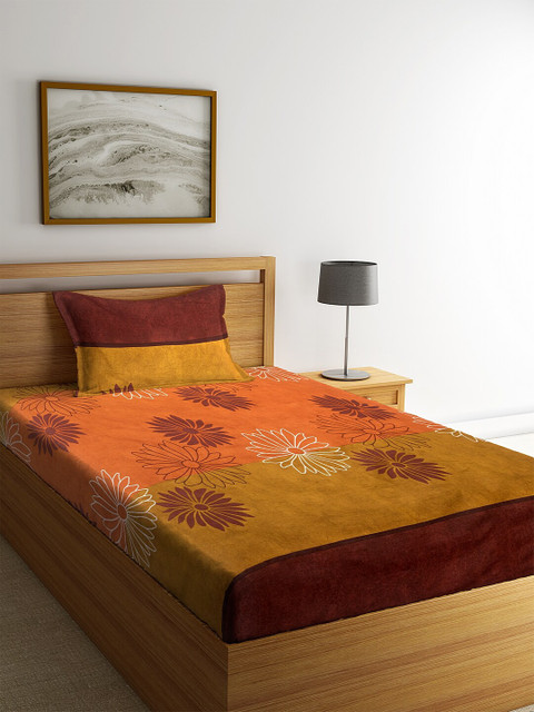 

KLOTTHE Mustard & Maroon Ethnic Motifs 210 TC Cotton 1 Single Bedsheet with 1 Pillow Covers