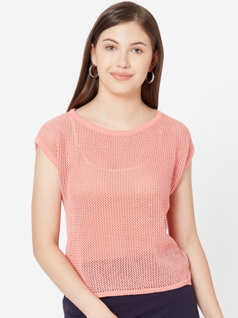 

bebe Women Coral Pink Solid Semi-Sheer Top