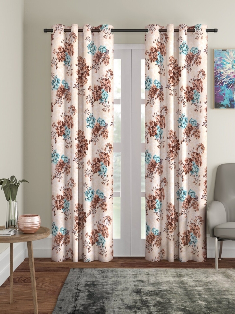 

KLOTTHE Peach-Coloured & Blue Set of 2 Door Floral Curtains