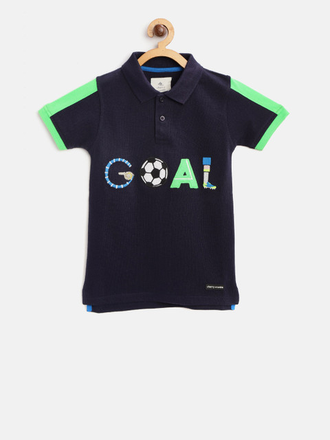 

Cherry Crumble Boys Navy Blue Printed Polo Collar T-shirt