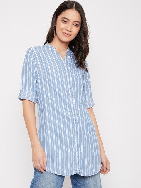 

Crimsoune Club Women Blue & White Slim Fit Striped Casual Shirt