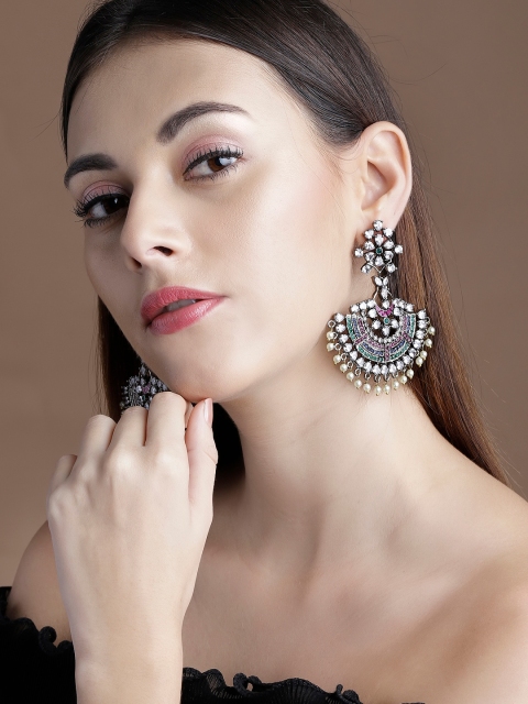 

rubans LUXURY Green Silver Plated Handcrafted Crescent Shaped Chandbalis