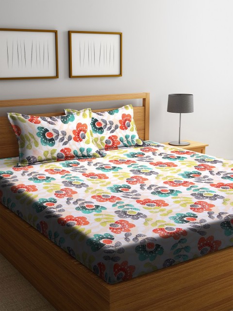 

BOMBAY DYEING Off-White & Orange Floral 144 TC Cotton 1 Queen Bedsheet with 2 Pillow Covers