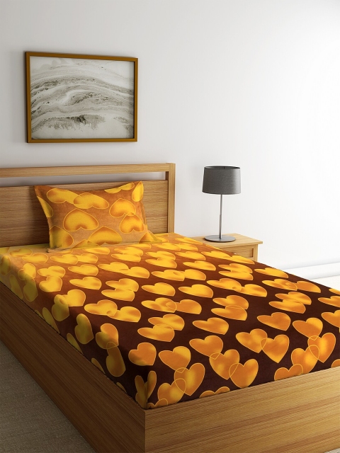 

KLOTTHE Mustard Yellow & Brown 210 TC Cotton 1 Single Bedsheet with 1 Pillow Cover