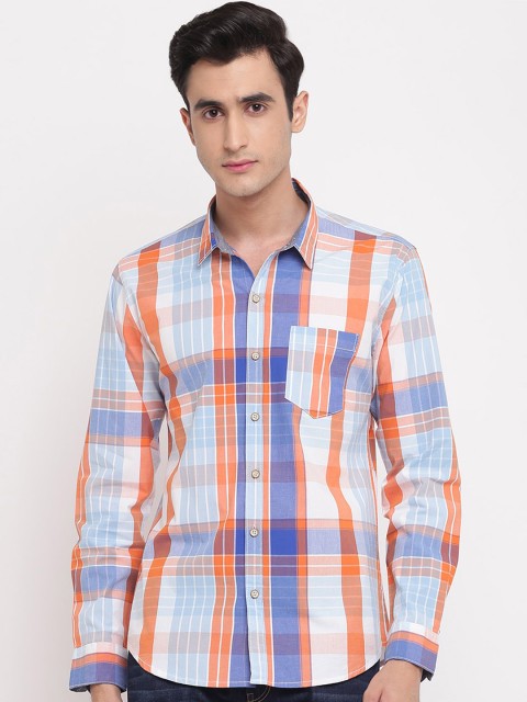 

GHPC Men Orange & Blue Slim Fit Checked Casual Shirt