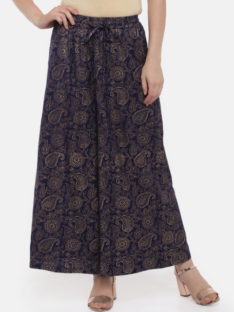 

RANGMANCH BY PANTALOONS Women Navy Blue & Gold-Coloured Printed Wide Leg Palazzos