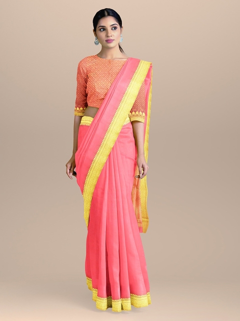 

BharatSthali Pink & Gold-Coloured Silk Cotton Solid Banarasi Sustainable Saree
