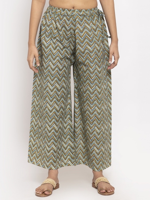 

TAG 7 Women Mustard Yellow & Grey Printed Straight Palazzos