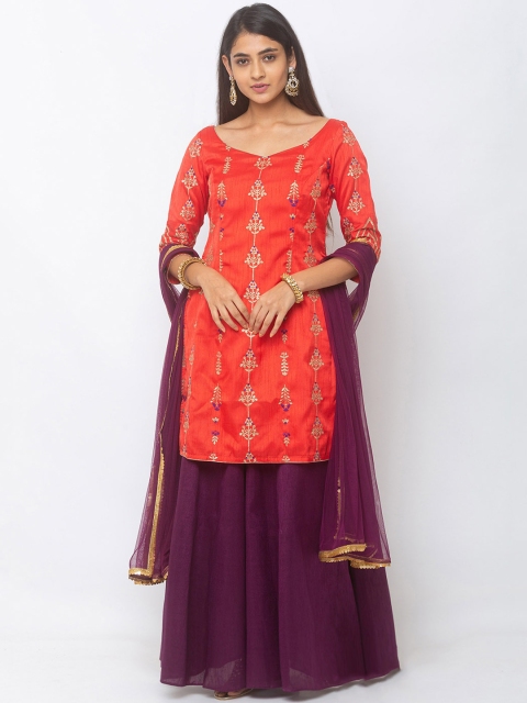 

6Y COLLECTIVE Women Red & Purple Embroidered Kurta with Sharara & Dupatta