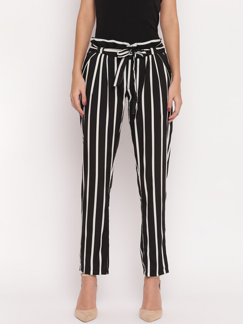 

TRENDY DIVVA Women Black & White Striped Cigarette Trousers