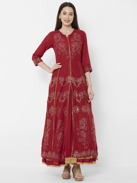 

Vedic Women Red & Gold Floral Print Layered Maxi Dress