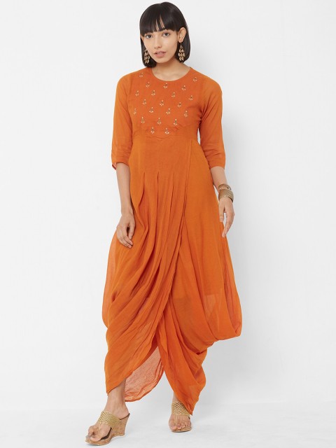

Vedic Women Mustard Orange Embroidered Maxi Dress